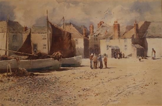 J.G. Sykes Fisherfolk beside beached boats 32 x 50cm